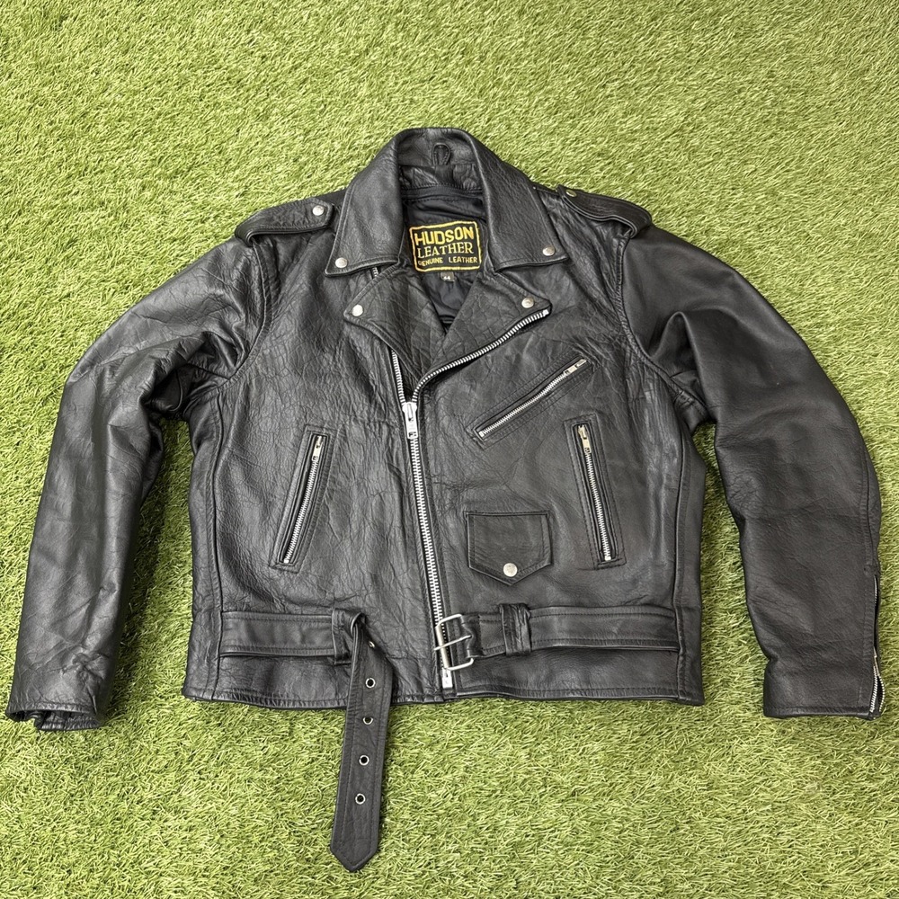 Hudson Leather Motorcycle Jacket 44 L Asymmetrical Zip Belted Liner Vest Heavy